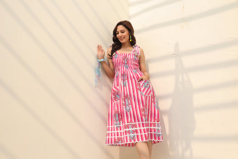 Floral Printed Pure Cotton A-Line Midi Dress